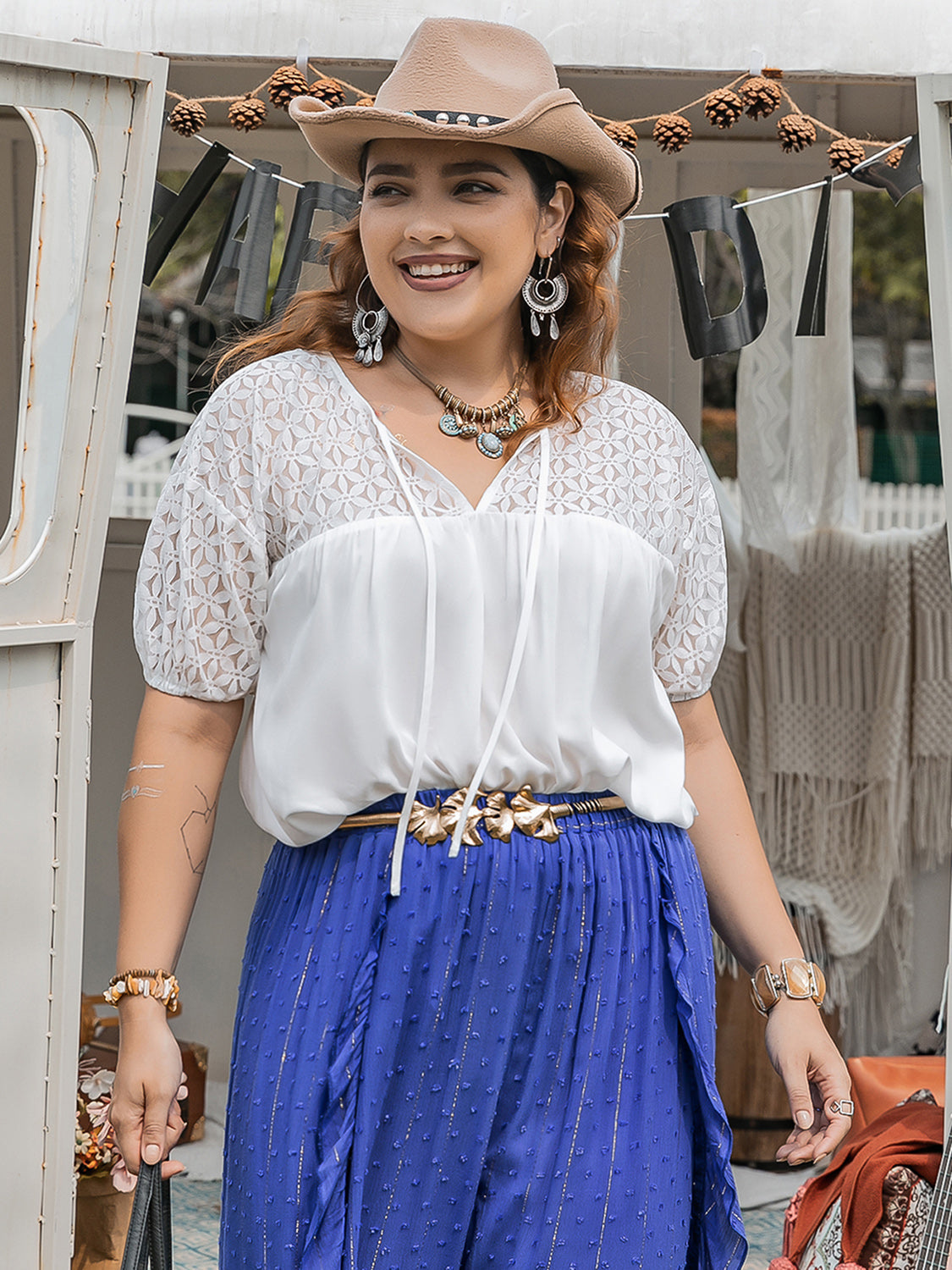 Plus Size Tie Neck Short Sleeve Lace Blouse Trendsi