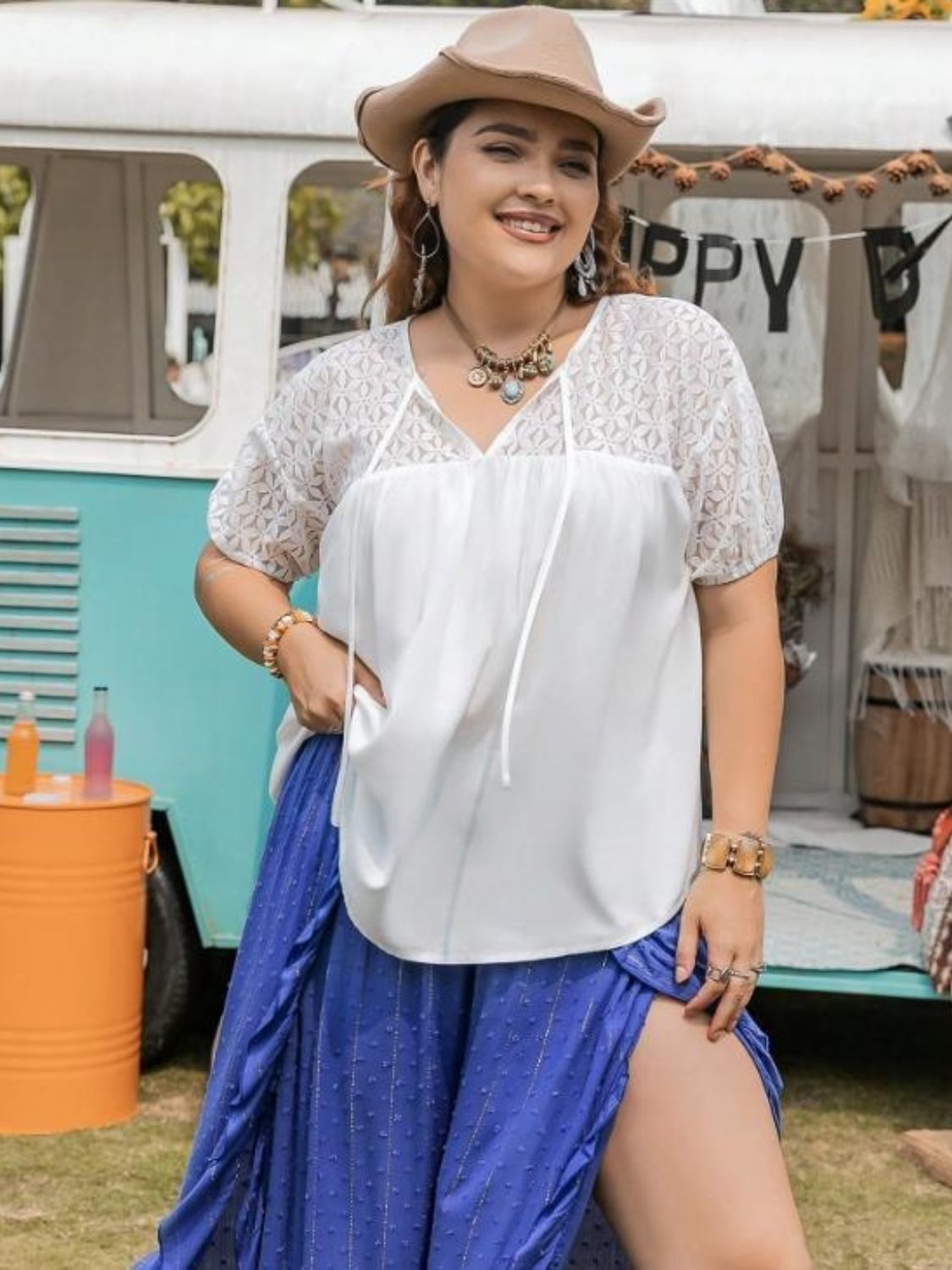 Plus Size Tie Neck Short Sleeve Lace Blouse Trendsi