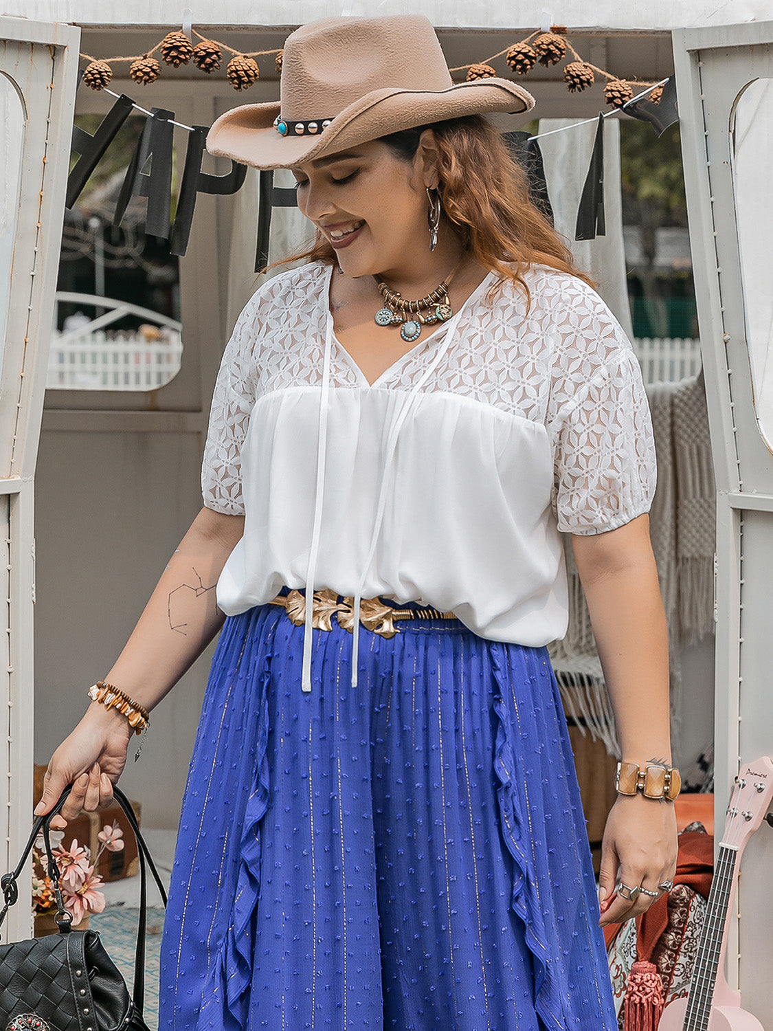 Plus Size Tie Neck Short Sleeve Lace Blouse Trendsi