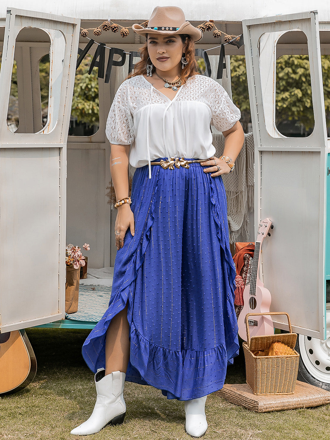 Plus Size Tie Neck Short Sleeve Lace Blouse Trendsi