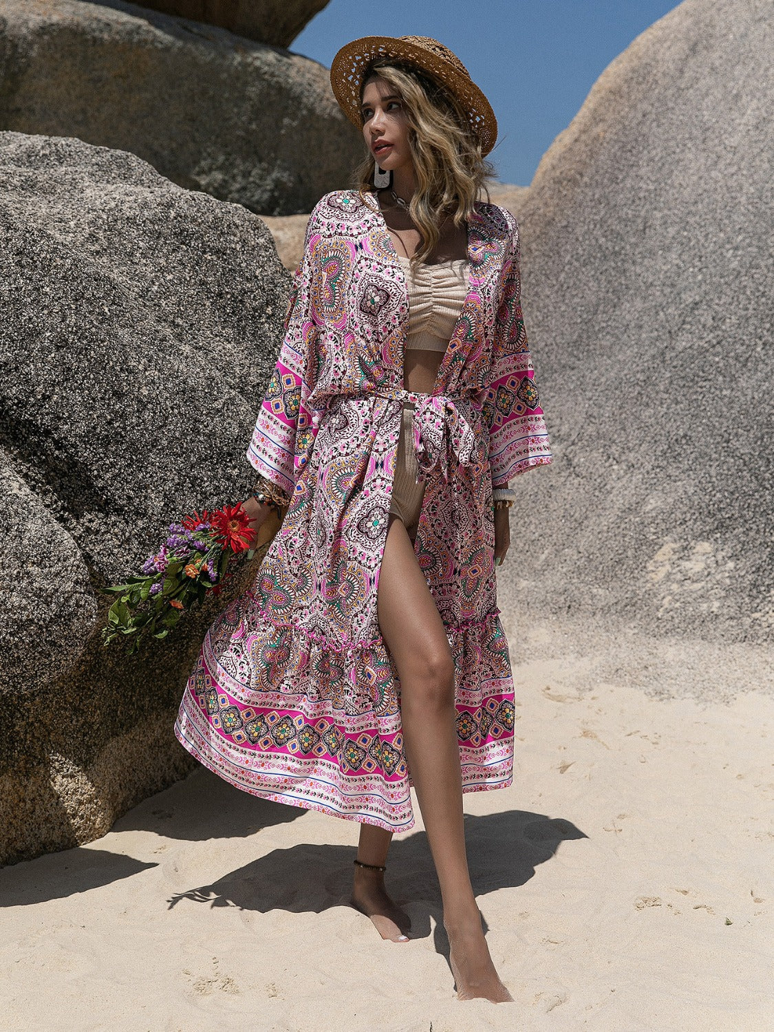 Boho Chic Printed Open Front Cover Up Trendsi