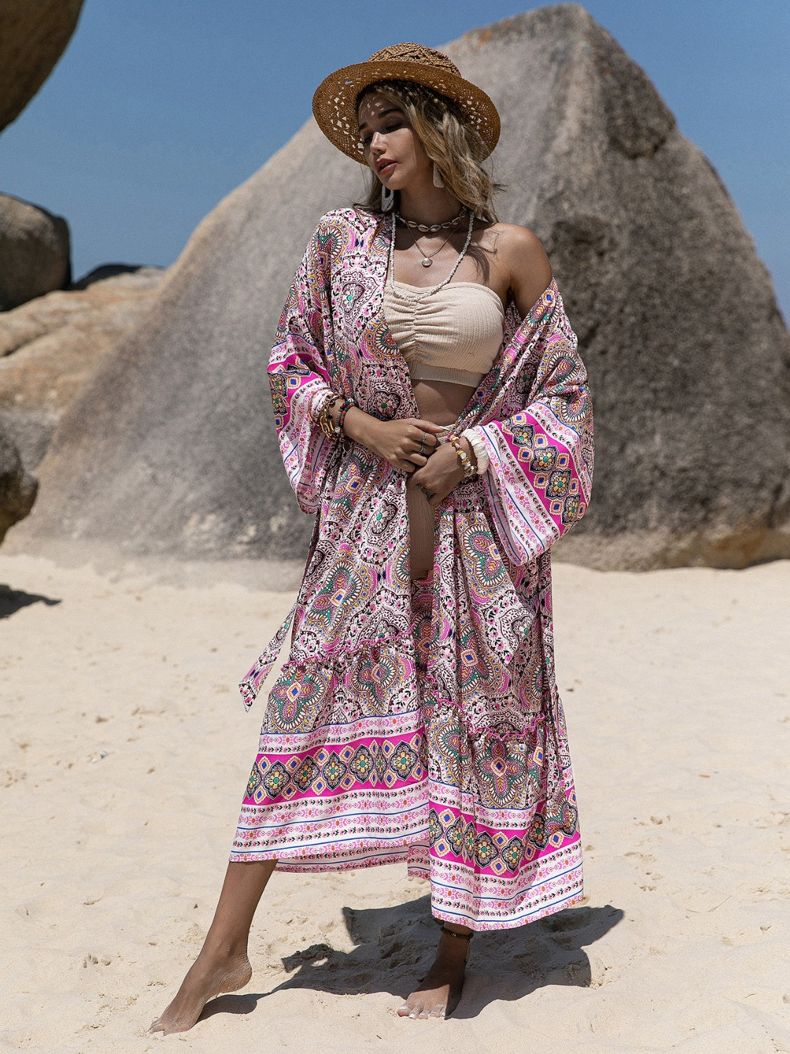 Boho Chic Printed Open Front Cover Up Trendsi