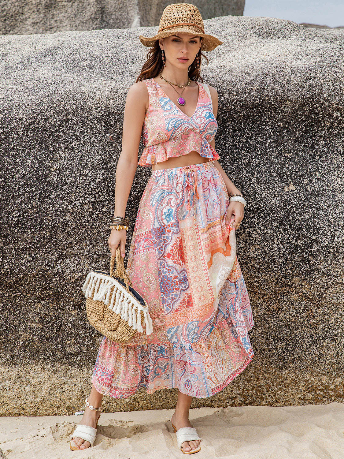 Floral Printed V-Neck Top and Midi Skirt Set Trendsi
