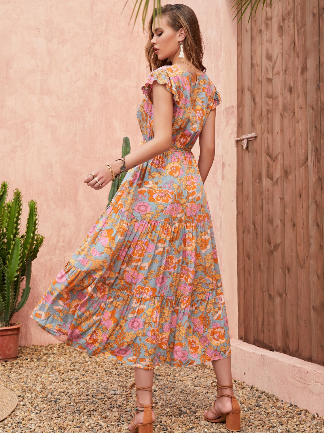 Ruffled Printed V-Neck Cap Sleeve Tiered Dress DAME BOHEME