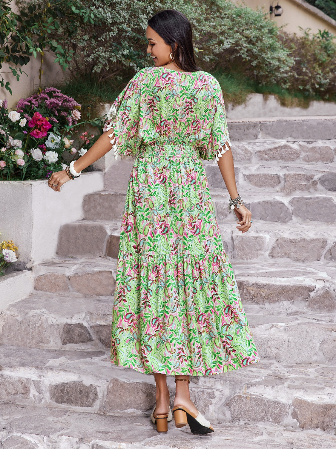 Smocked Tassel Trim Floral V-Neck Short Sleeve Dress DAME BOHEME