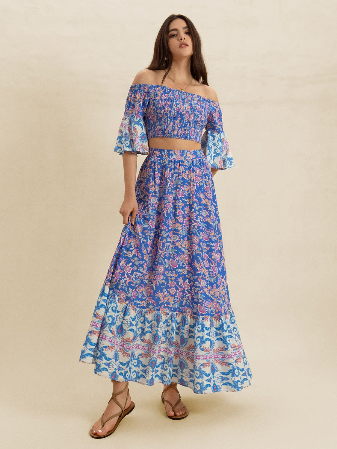 Smocked Off-Shoulder Printed Top and Skirt Set Trendsi