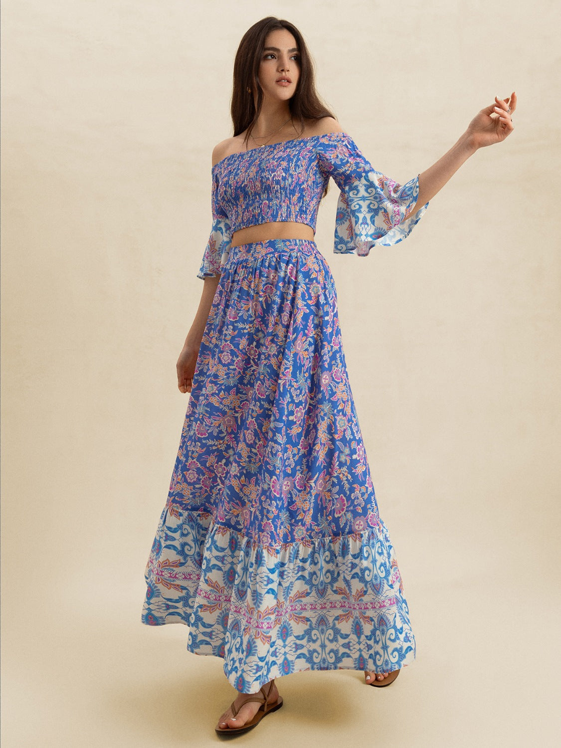 Smocked Off-Shoulder Printed Top and Skirt Set Trendsi