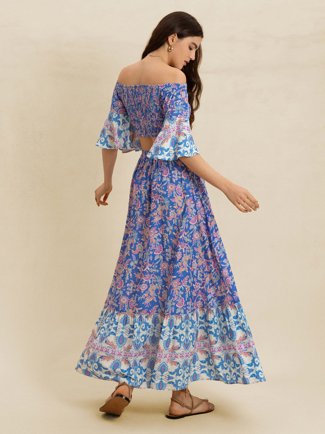 Smocked Off-Shoulder Printed Top and Skirt Set Trendsi
