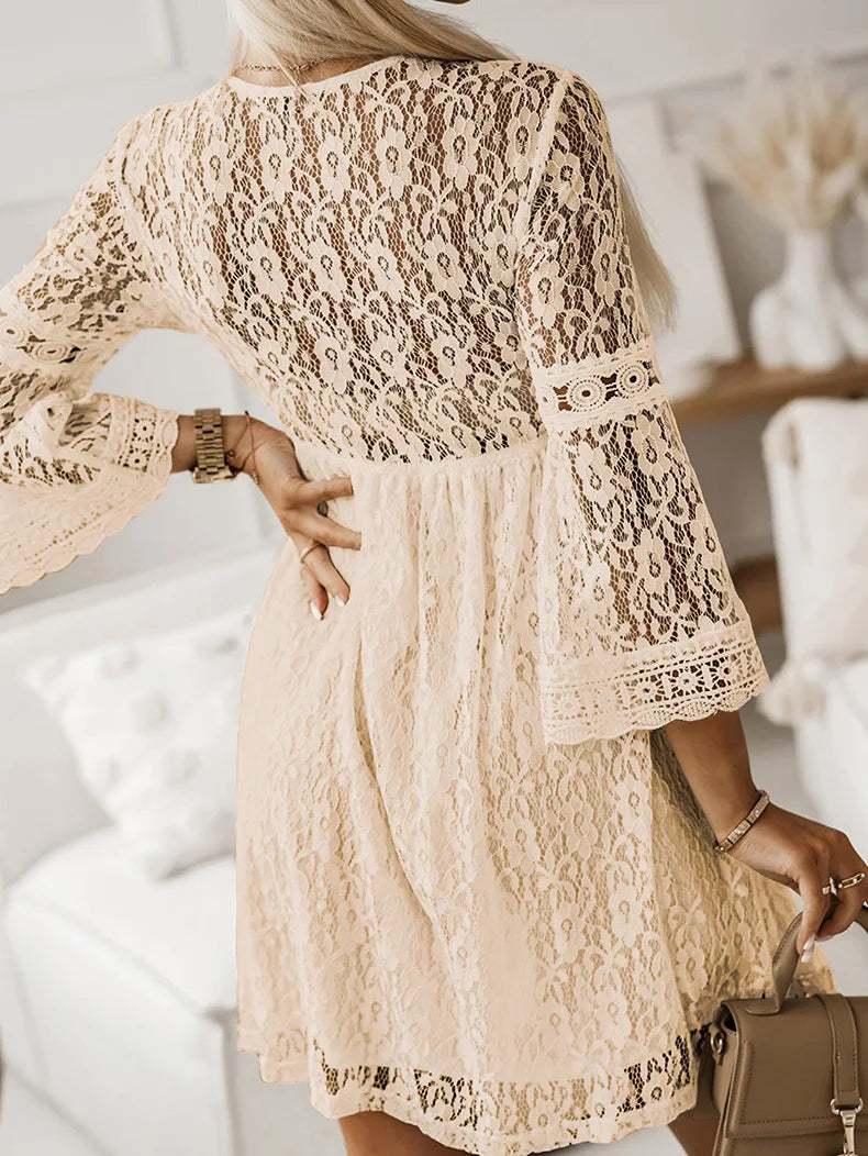 Lace V-Neck Three-Quarter Sleeve Dress Trendsi