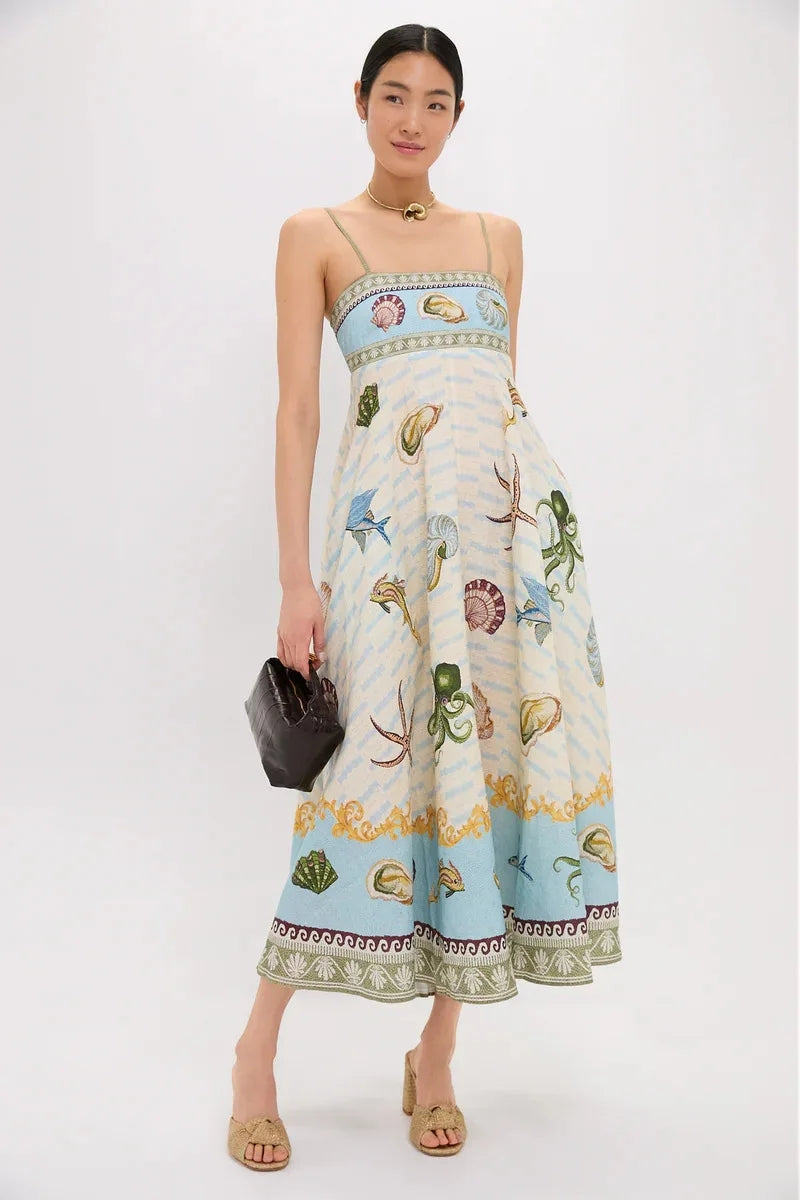 Ocean Print Spaghetti Strap Midi Dress - Plus Size Trendsi