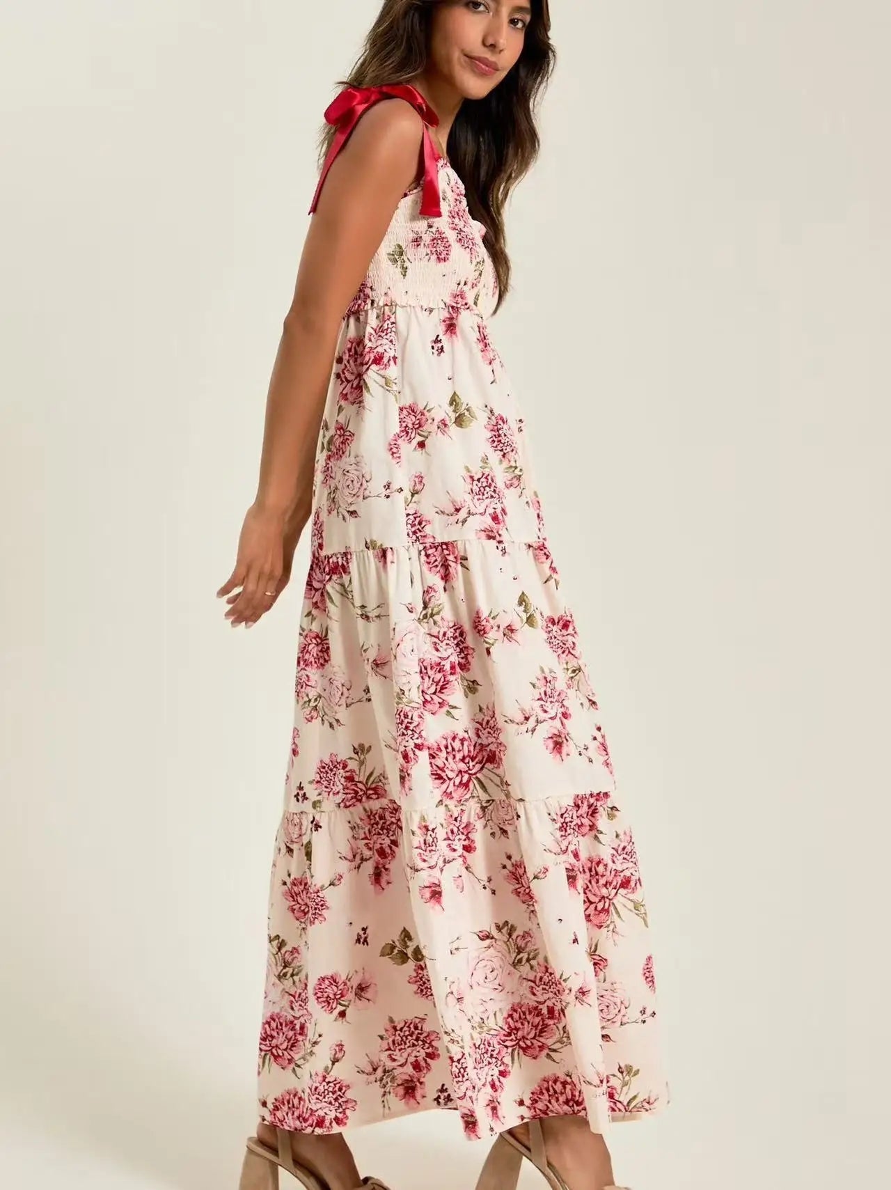 Floral Tiered Maxi Dress with Mixed Print Design Trendsi