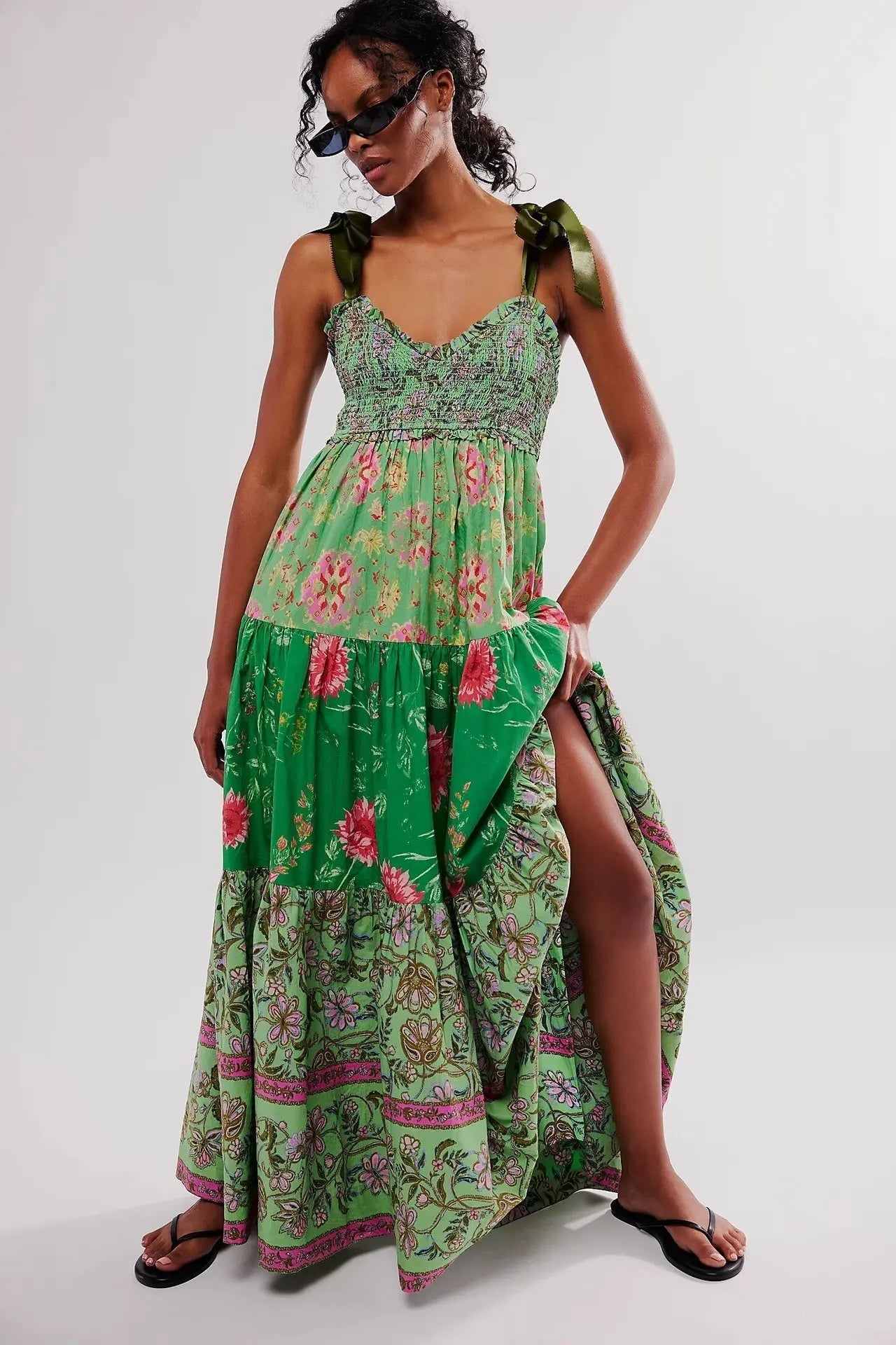 Floral Tiered Maxi Dress with Mixed Print Design Trendsi