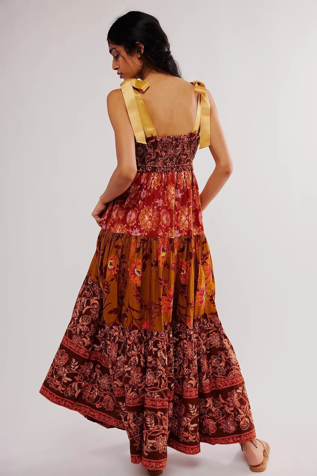 Floral Tiered Maxi Dress with Mixed Print Design Trendsi