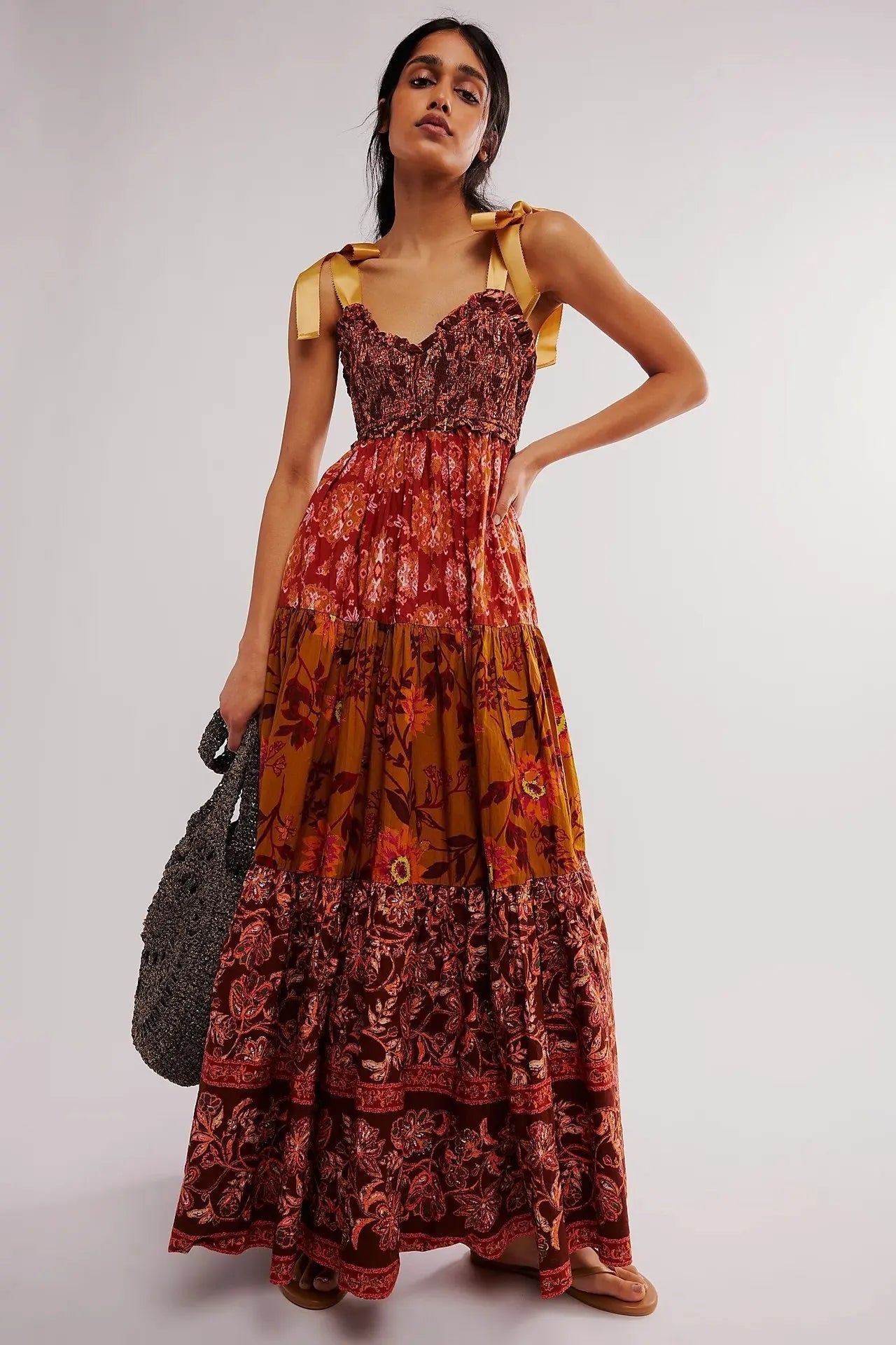 Floral Tiered Maxi Dress with Mixed Print Design Trendsi