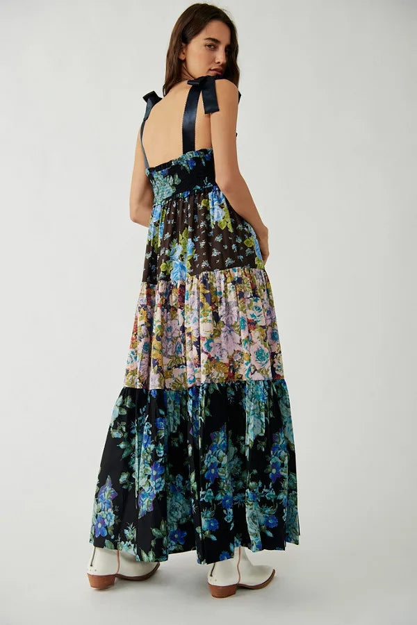 Floral Tiered Maxi Dress with Mixed Print Design Trendsi