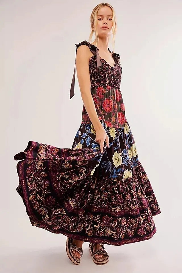 Floral Tiered Maxi Dress with Mixed Print Design Trendsi