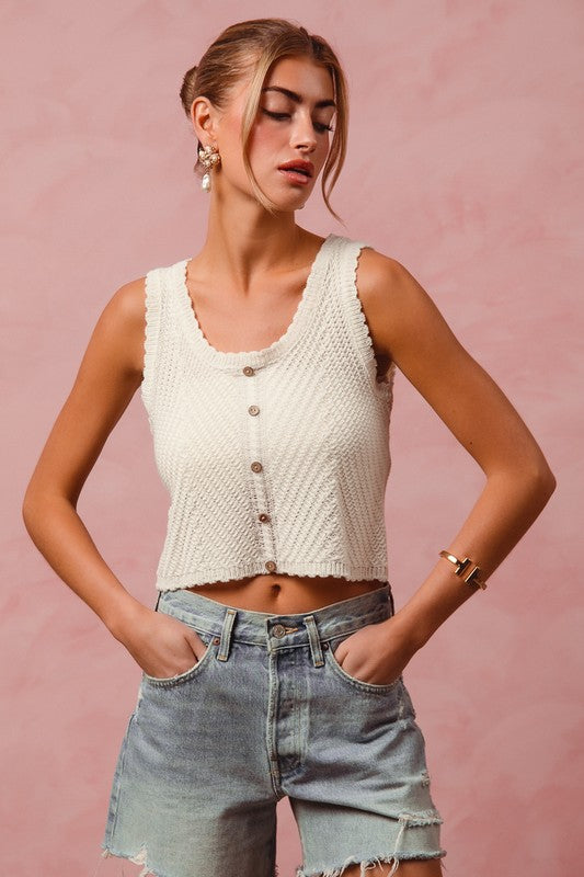 SO ME Chevron Pattern Buttoned Front Cropped Tank Top Trendsi