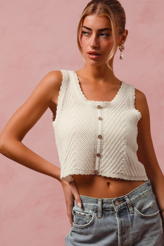 SO ME Chevron Pattern Buttoned Front Cropped Tank Top Trendsi