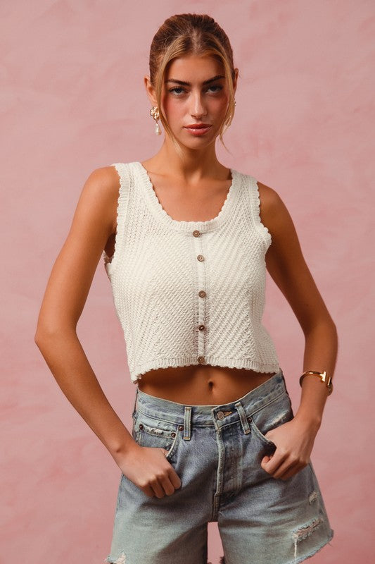 SO ME Chevron Pattern Buttoned Front Cropped Tank Top Trendsi