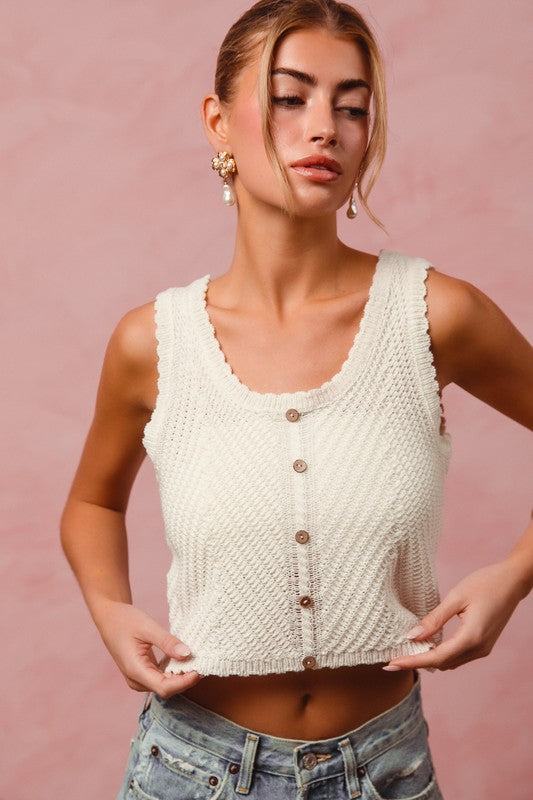 SO ME Chevron Pattern Buttoned Front Cropped Tank Top Trendsi