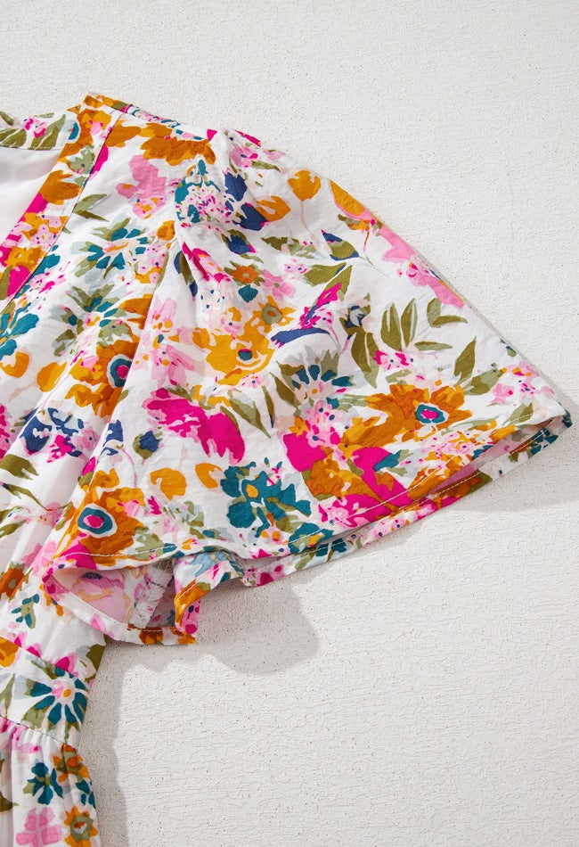 Floral Short Sleeve V Neck Maxi Dress with Pockets - DAME BOHEME