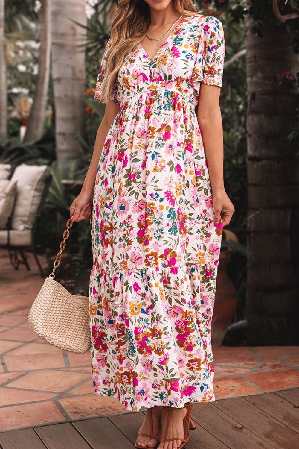 Floral Short Sleeve V Neck Maxi Dress with Pockets - DAME BOHEME