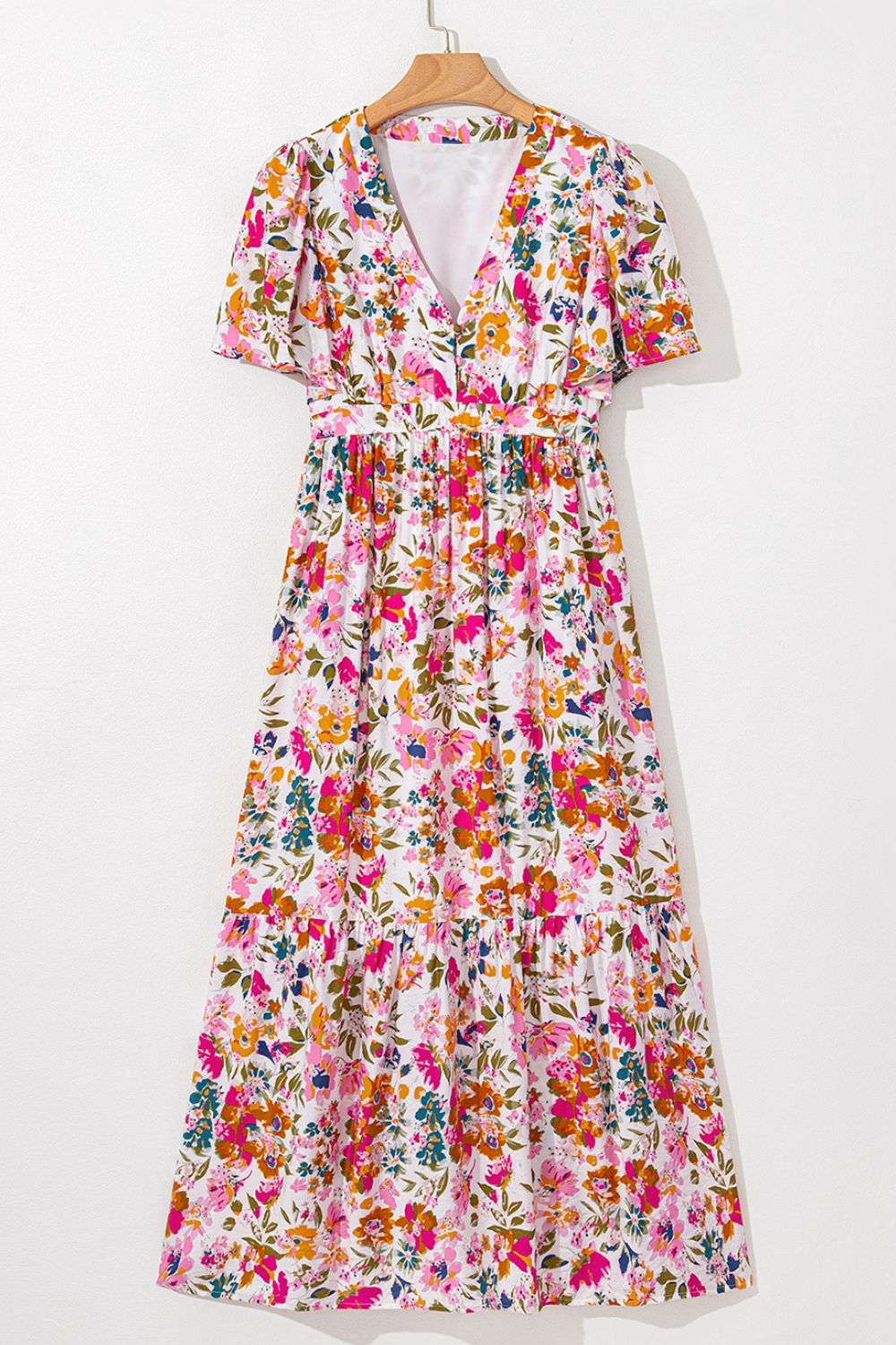 Floral Short Sleeve V Neck Maxi Dress with Pockets - DAME BOHEME