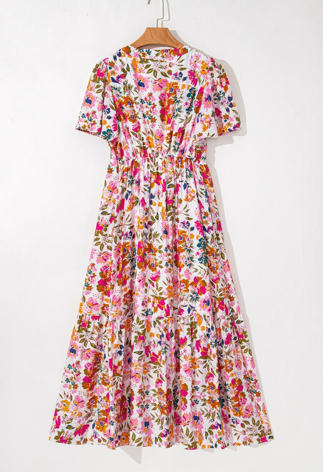 Floral Short Sleeve V Neck Maxi Dress with Pockets - DAME BOHEME