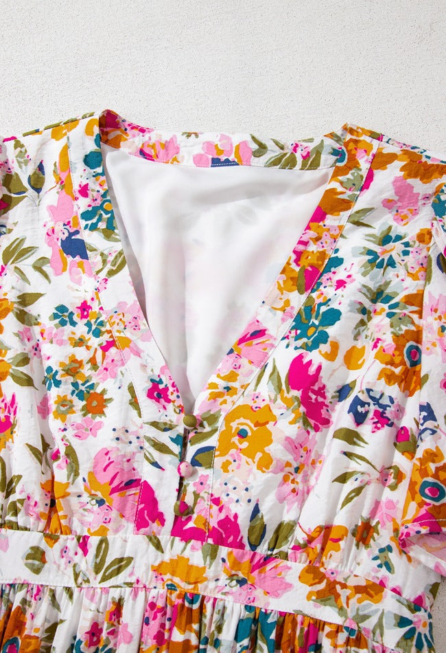 Floral Short Sleeve V Neck Maxi Dress with Pockets - DAME BOHEME