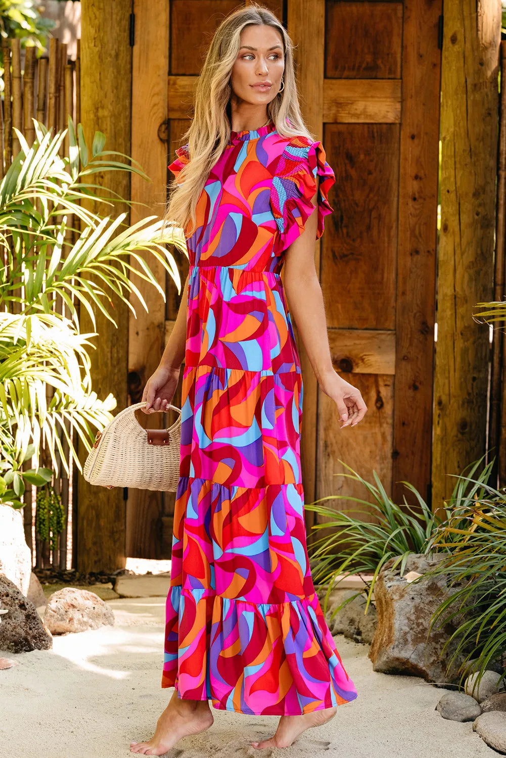 Full Size Printed Ruffled Mock Neck Tiered Dress Trendsi