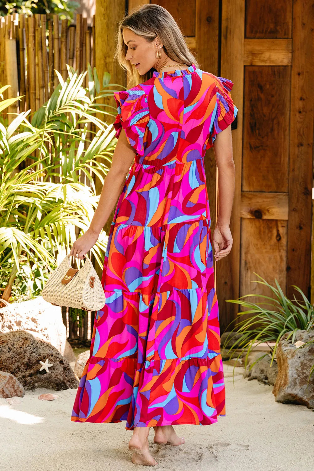 Full Size Printed Ruffled Mock Neck Tiered Dress Trendsi