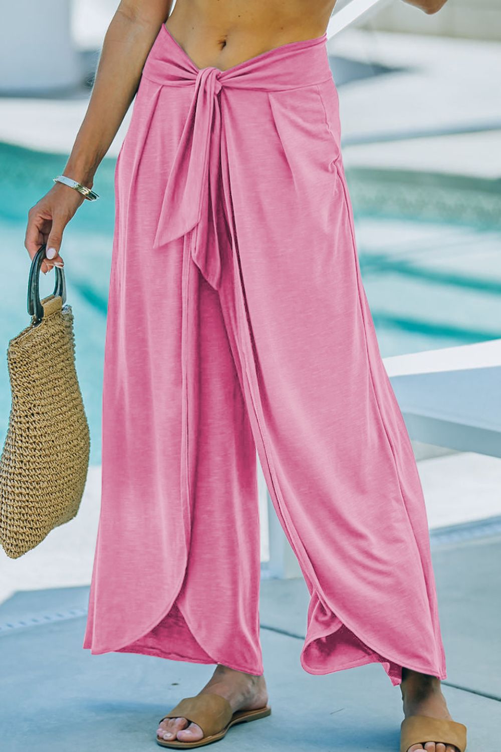 Knotted Waist Split Leg Relaxed Pants Trendsi