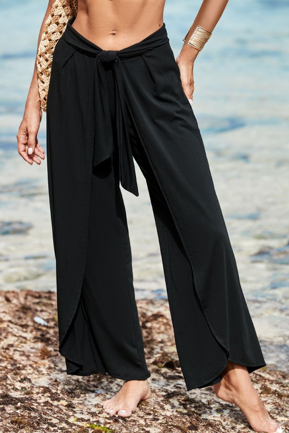 Knotted Waist Split Leg Relaxed Pants Trendsi