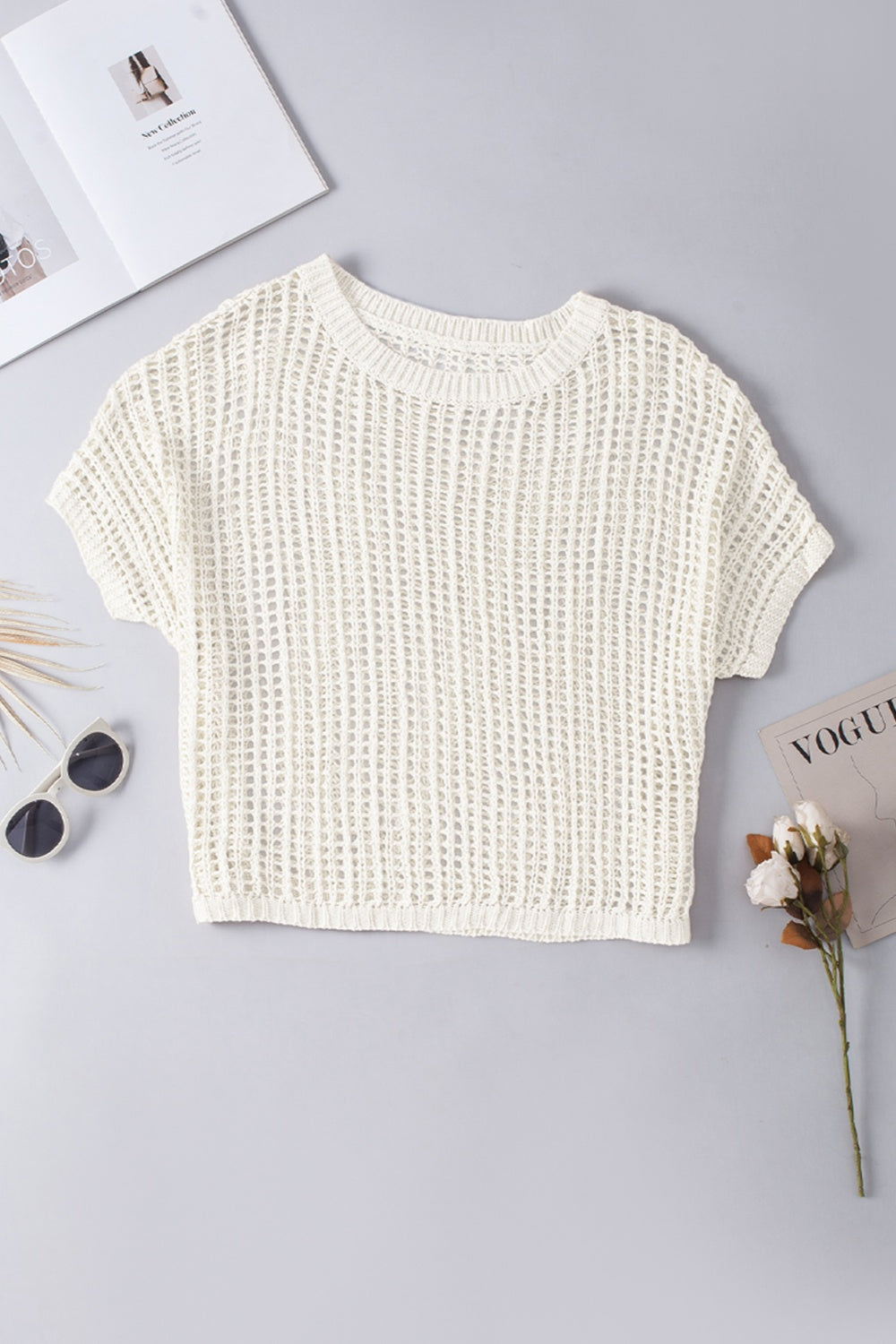 Openwork Round Neck Half Sleeve Knit Cover Up Trendsi