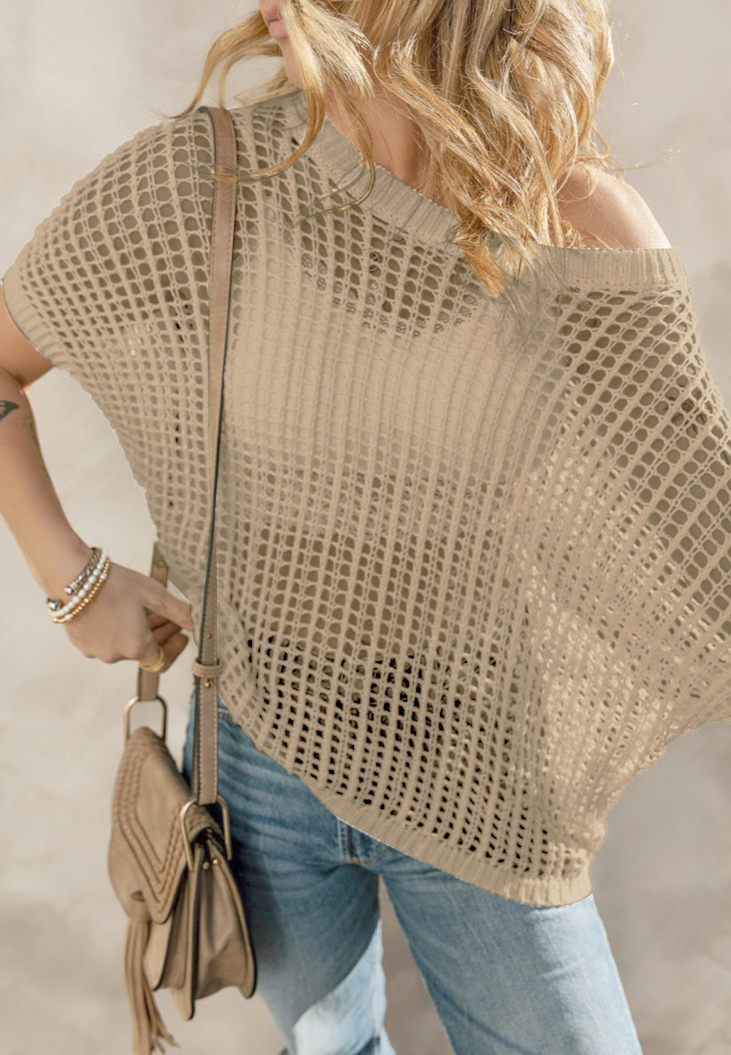 Openwork Round Neck Half Sleeve Knit Cover Up Trendsi