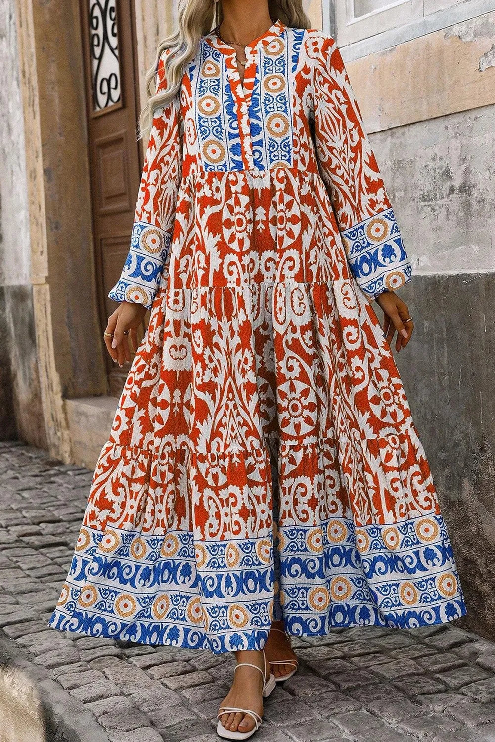 Bohemian Vintage Printed Notched Long Sleeve Maxi Dress Trendsi