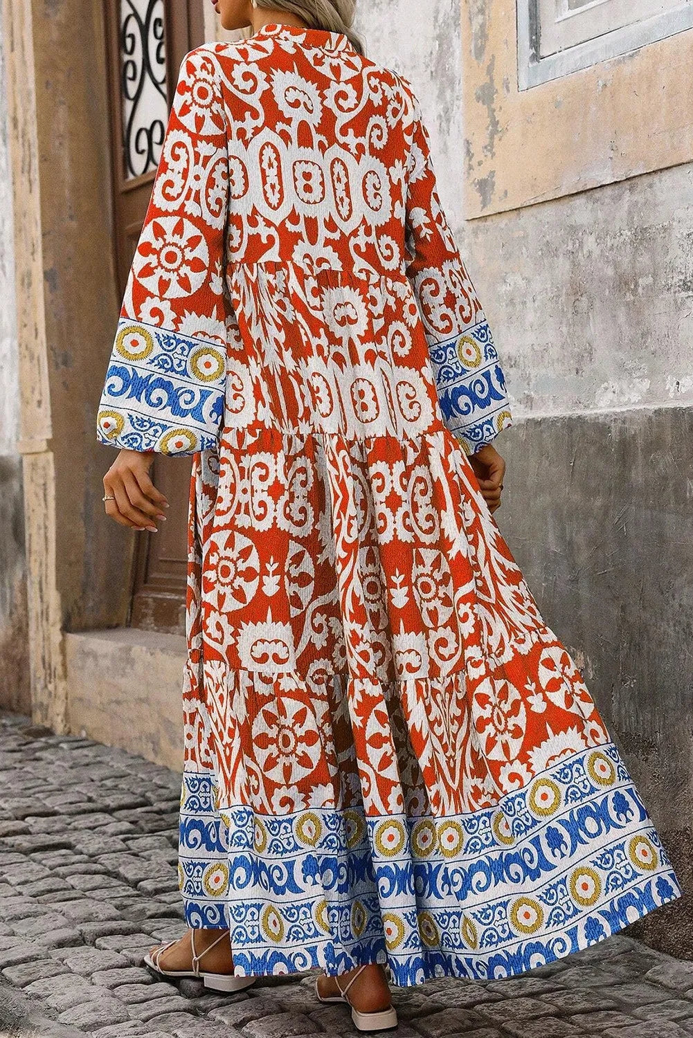 Bohemian Vintage Printed Notched Long Sleeve Maxi Dress DAME BOHEME