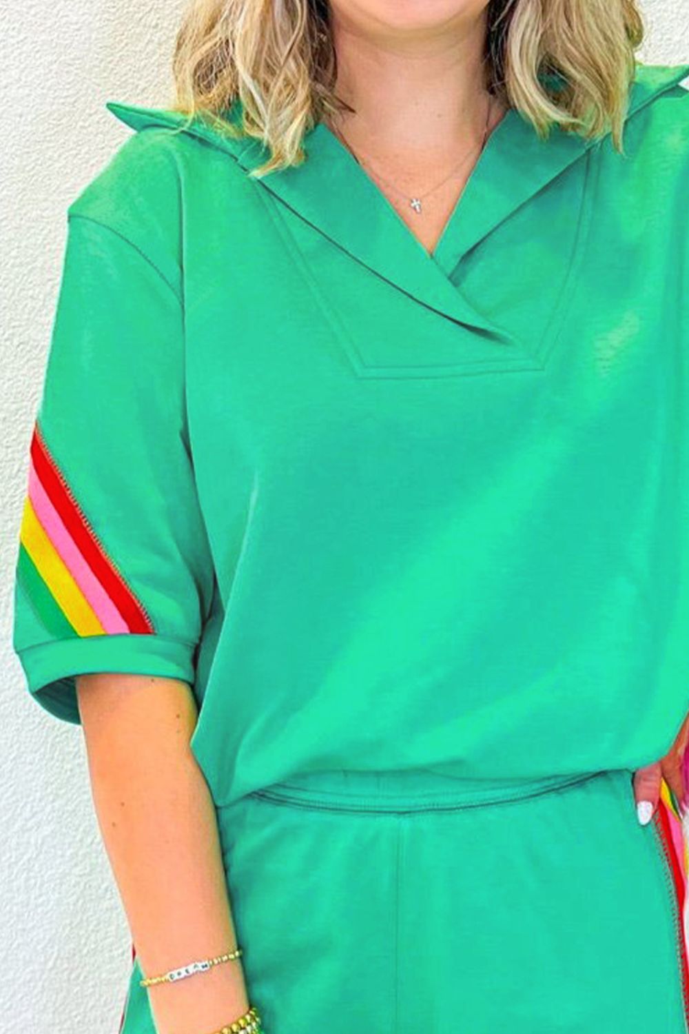 Rainbow Collared Short Sleeve Top and Shorts Set Trendsi