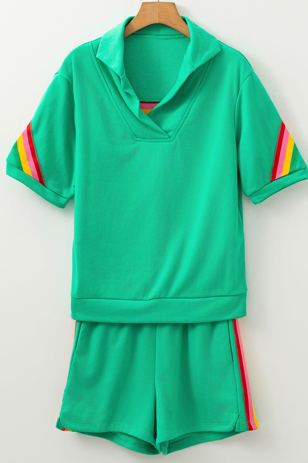 Rainbow Collared Short Sleeve Top and Shorts Set Trendsi