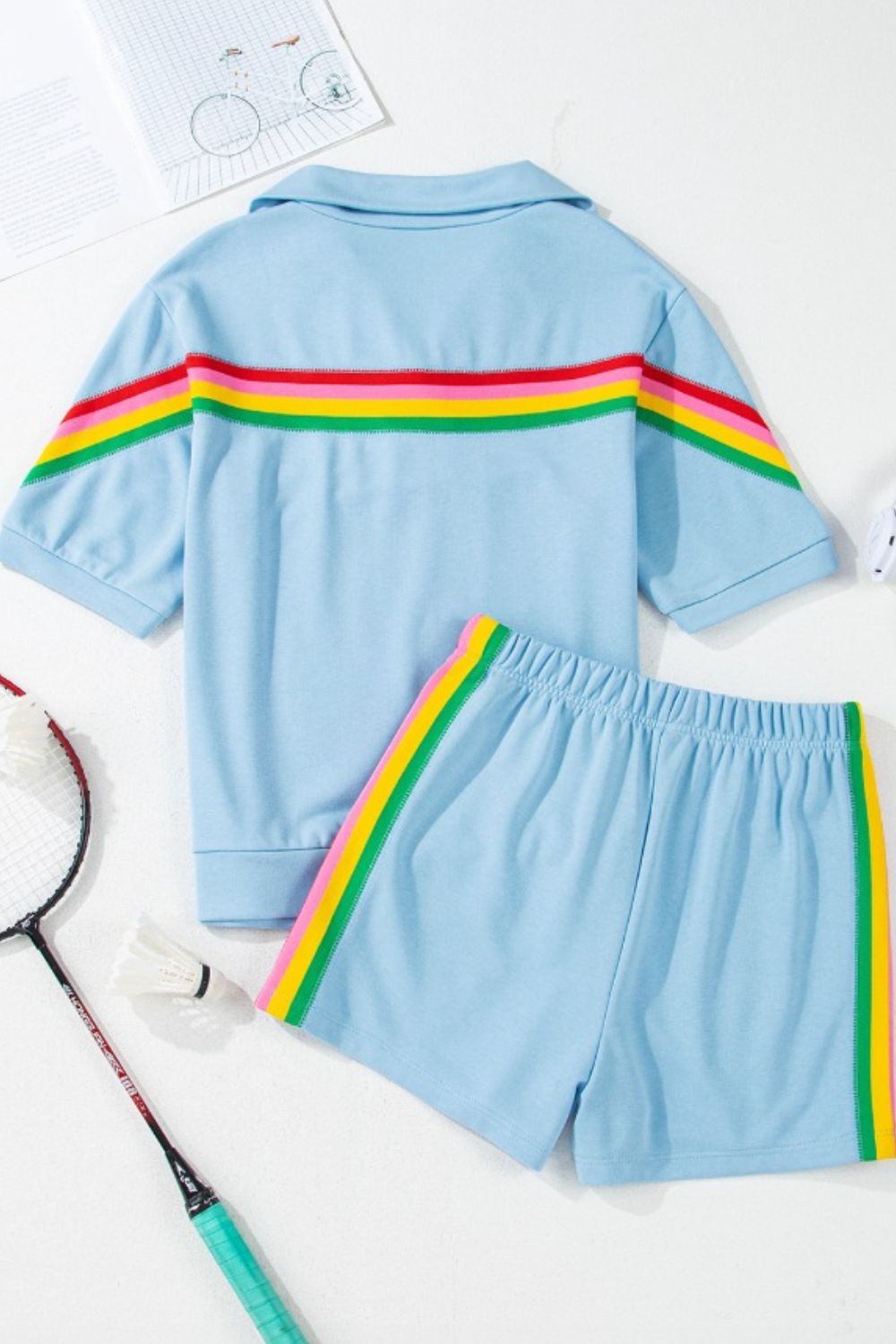 Rainbow Collared Short Sleeve Top and Shorts Set Trendsi