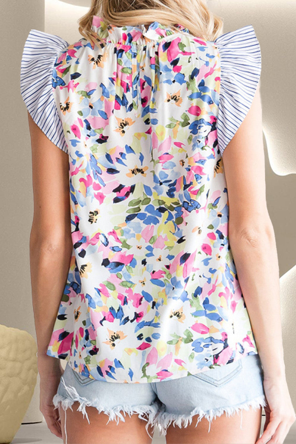 Floral Print Mock Neck Ruffled Cap Sleeve Blouse Trendsi