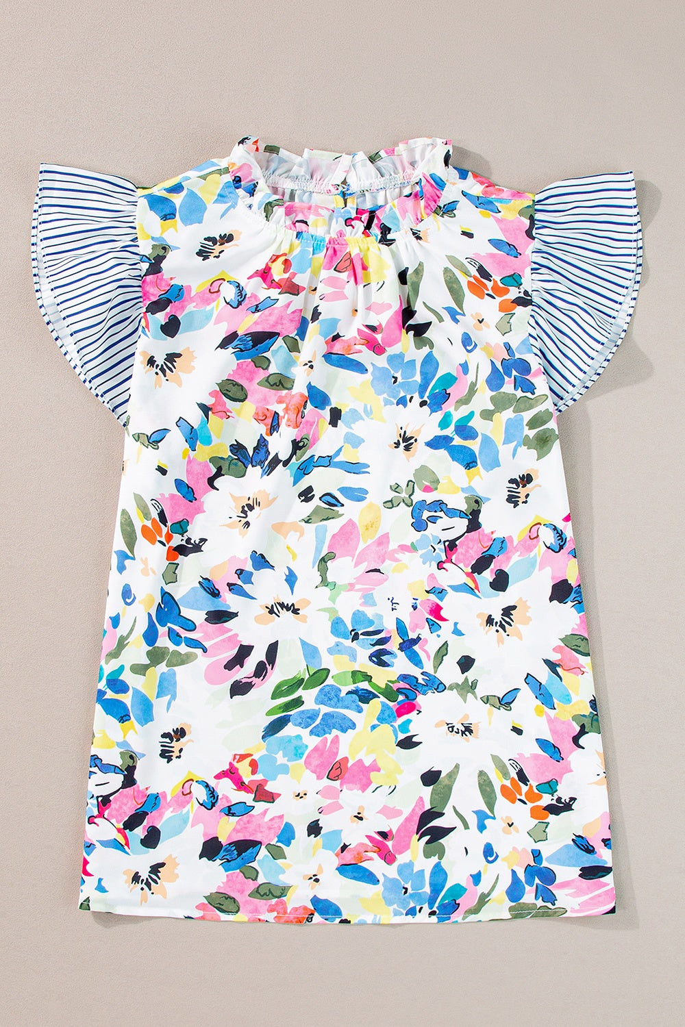 Floral Print Mock Neck Ruffled Cap Sleeve Blouse Trendsi