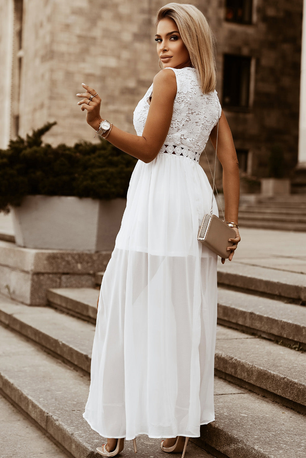 Side Slit Lace Detail Deep V-Neck Maxi Sun Dress Trendsi