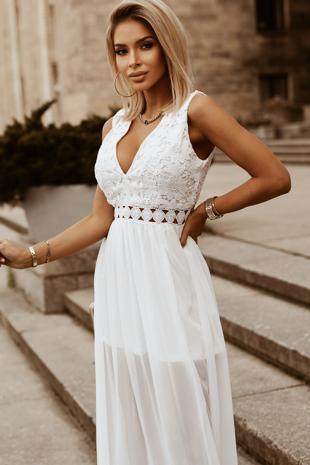 Side Slit Lace Detail Deep V-Neck Maxi Sun Dress Trendsi