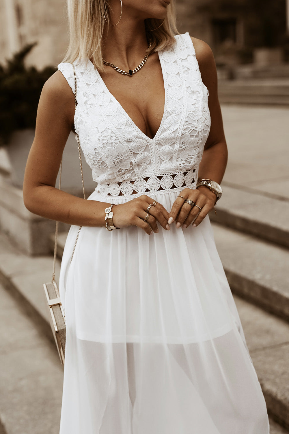 Side Slit Lace Detail Deep V-Neck Maxi Sun Dress Trendsi