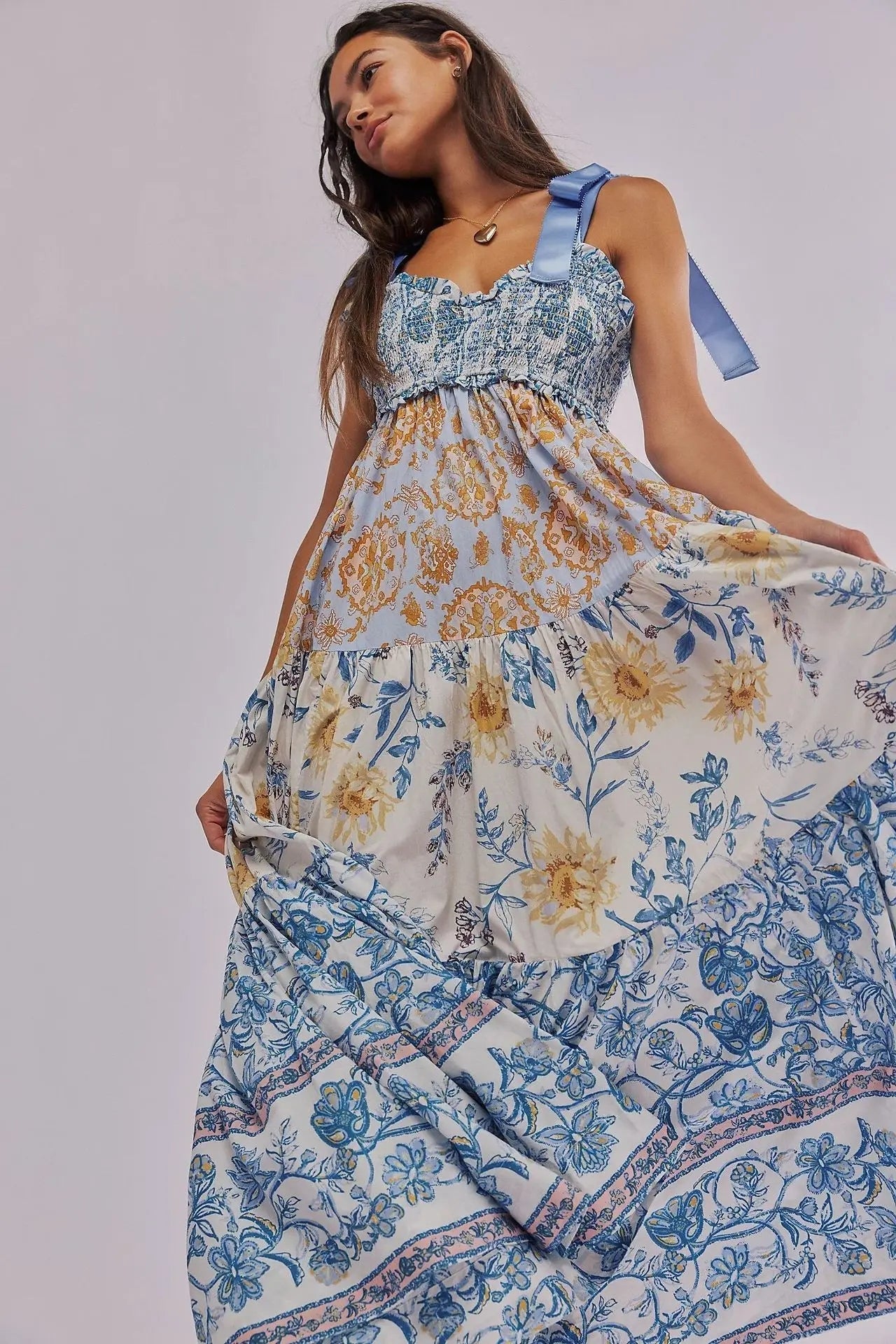 Floral Tiered Maxi Dress with Mixed Print Design Trendsi