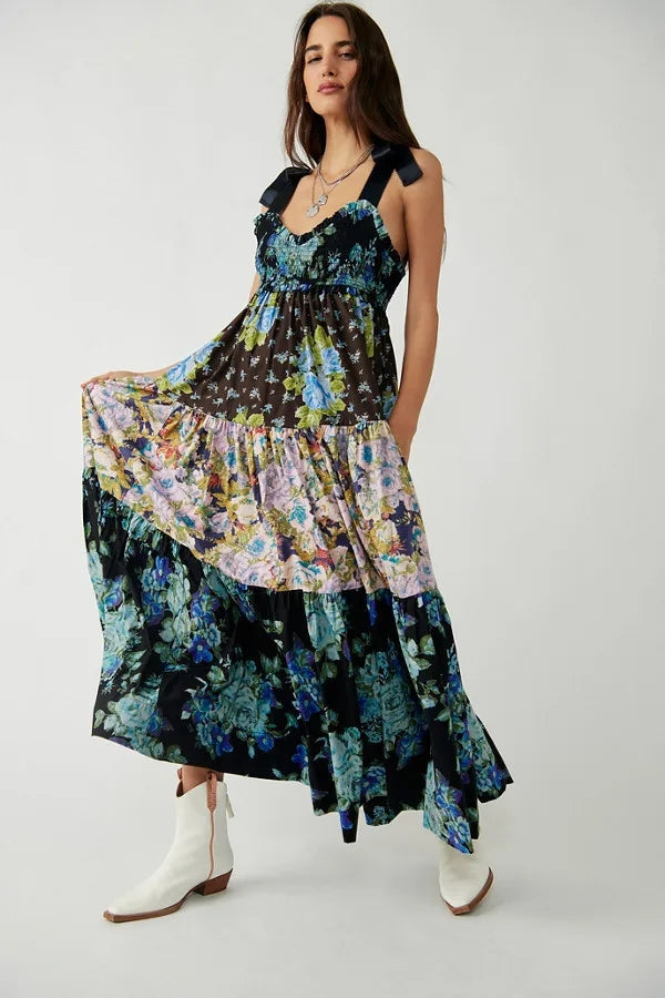 Floral Tiered Maxi Dress with Mixed Print Design Trendsi