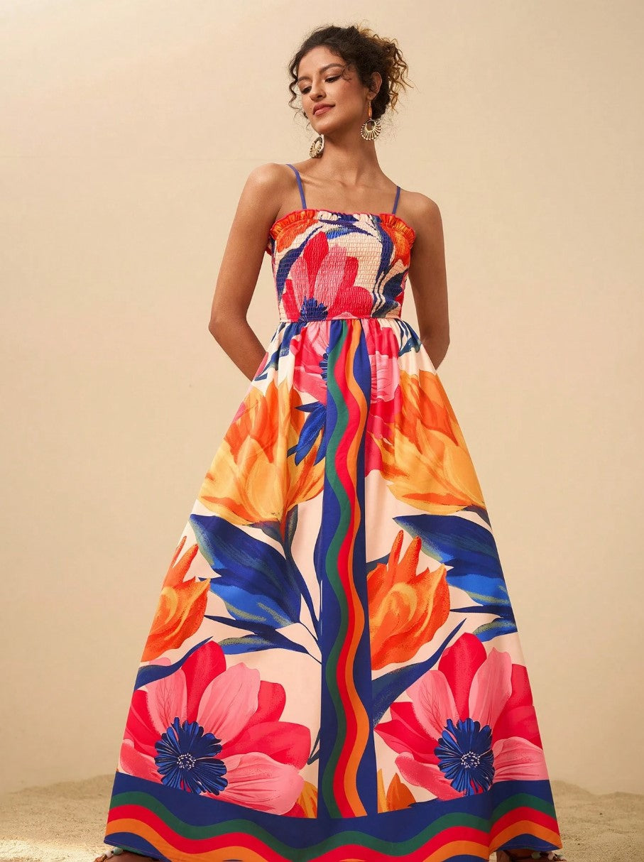 Smocked Printed Spaghetti Strap Maxi Dress - Plus Size Trendsi