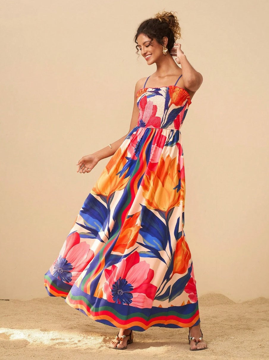 Smocked Printed Spaghetti Strap Maxi Dress - Plus Size Trendsi