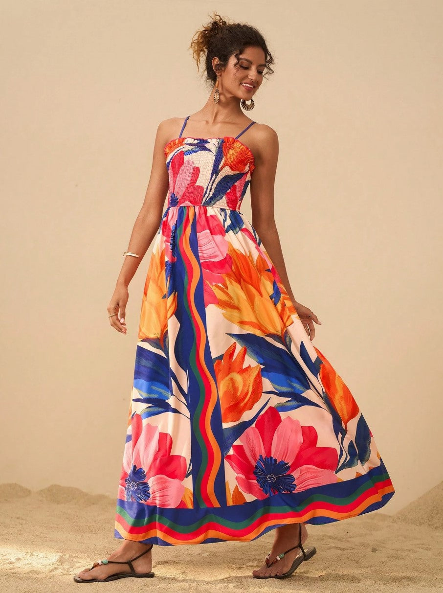 Smocked Printed Spaghetti Strap Maxi Dress - Plus Size Trendsi